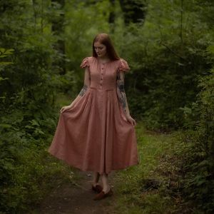 Pintucked Linen Dress in Light Coral